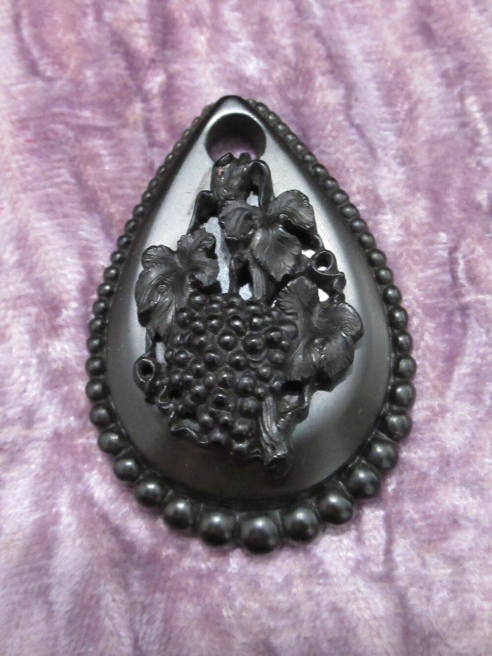 Antique Victorian Vulcanite Pendant Grape Vine Jet Black Mourning Memento Mori